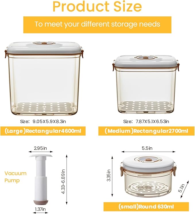 3-Pack Vacuum Seal Containers, Airtight Food Storage with Pump & Strainer | Leakproof, BPA-Free for Meal Prep, Leftovers, Marinating - Keep Fresh Longer