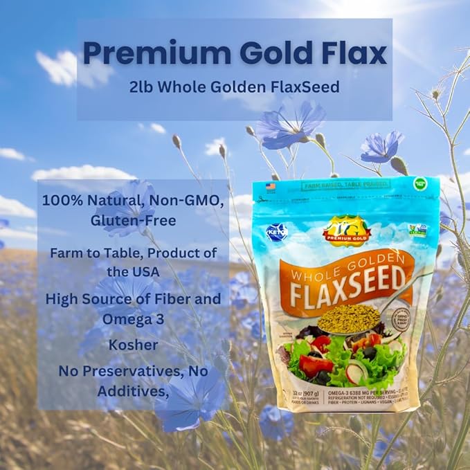 Premium Gold | Whole Flax Seed | 2 lbs. | Gluten-Free, Non-GMO, Kosher, Raw Seeds, Excellent Source of Fiber, Source of Omega-3, Plant-Based Protein, No Preservatives, No Additives