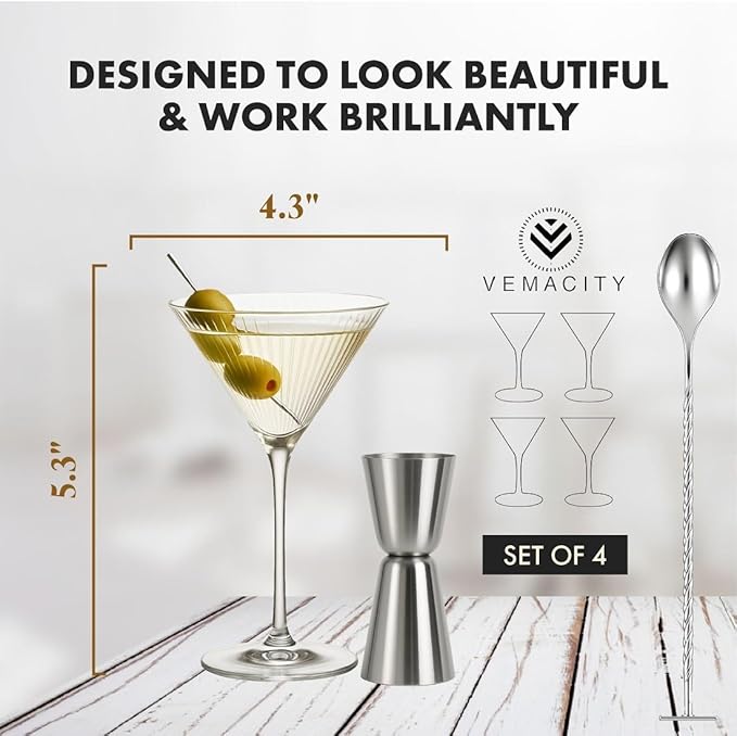 VEMACITY - Ribbed Martini Glasses Set of 4 | Silver Bar Tools - 8oz Coupe Cocktail Glasses | Espresso Martini, Margarita, Manhattan, Cosmopolitan - Art Deco Cocktail Gift Set | Ideal for Christmas