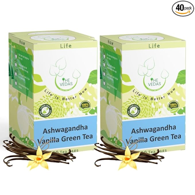 THE VEDAS Ashwagandha Vanilla Green Tea | Green Tea | Biodegradable Cotton Teabags | 40 Tea Bags(Pack of 2)