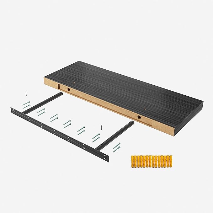 Floating Shelf, Set of 3 Wall Shelf, 36 in W x 12.75 in D x 2 in H Wooden Floating Wall Shelf with Invisible Brackets for Living Room/Bedroom/Bathroom/Kitchen Storage and Decor, Black Wood