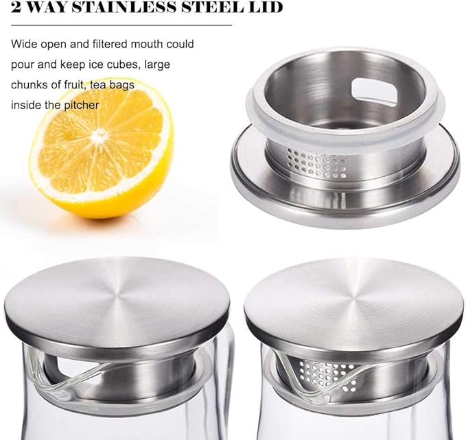Hwagui - Heat Resistant Glass Pitcher with Stainless Steel Lid, Water Carafe with Handle, Good Beverage Pitcher for Homemade Juice and Iced Tea, 1600ml/53oz