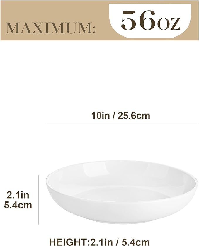 MALACASA 10" Large Pasta Bowls, 56 OZ White Salad Bowls Soup Bowls, Porcelain Serving Bowls Set of 4, Large Kitchen Bowl Plates Pasta Plates, Microwave & Dishwasher Safe, Series REGULAR