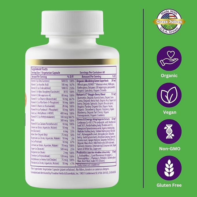 Paradise Herbs Earth's Blend Once Daily Multivitamin for Men, No Iron, 48 Organic Superfoods, Probiotics, and Vitamins A, B12, C, D, K2, 60 Count