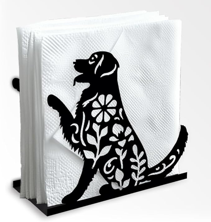 Labrador Dog Decorative Black Metal Napkin Holder for Table, 5.3" x 4.9" x 1.9" Dog Leaves Standing Napkin Holder for Home Kitchen Restaurant Picnic Party Coffee Bar Dining Room