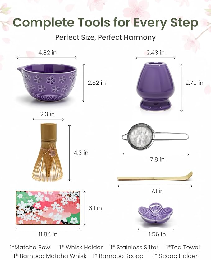 Matcha Whisk Sets 7 Pcs Includes Ceramic Bowl, Bamboo Whisk, Scoop, Sifter, Whisk Holder, Scoop Rest & Tea Towel | Japanese Matcha Ceremony Gift Set for Matcha Lovers (Purple)