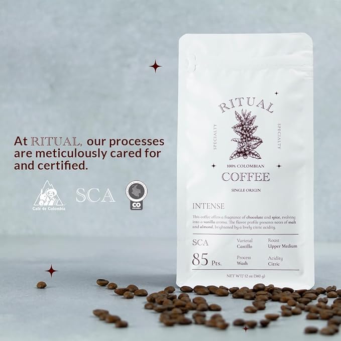 Ritual Specialty Coffee - Colombian Single Origin Whole Bean Gourmet, Intense Body, Upper Medium Roast 85+ SCA Score (Dark Chocolate, Almond & Malt),12oz (340g) 100% Castillo Variety