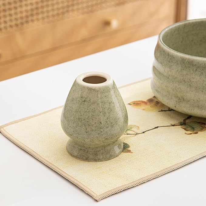 Matcha Set, Matcha Bowl with Spout, Matcha Whisk and Holder, Bamboo matcha Scoop and Stainless Sifter - 7 Pcs Jade Green Matcha Set Kit for Matcha Lover