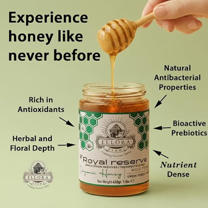 Ellora Farms Organic Honey, Wild Thyme Organic Honey Raw Unfiltered, Preservative and Additive Free, 2025 Paris and Dubai Gold Awards Winner, Gift Pack with Dipper - 450g (16oz)