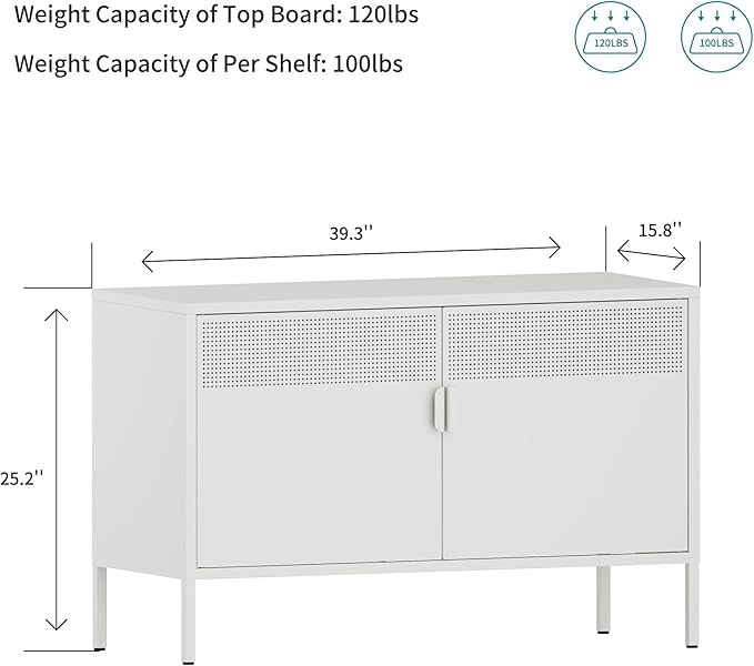Metal Storage Cabinet with Doors,White Accent Cabinet,Metal Locker Storage Cabinets,2 Door TV Media Stand with Removable Shelves for,Home,Office,Entryway,Living Room