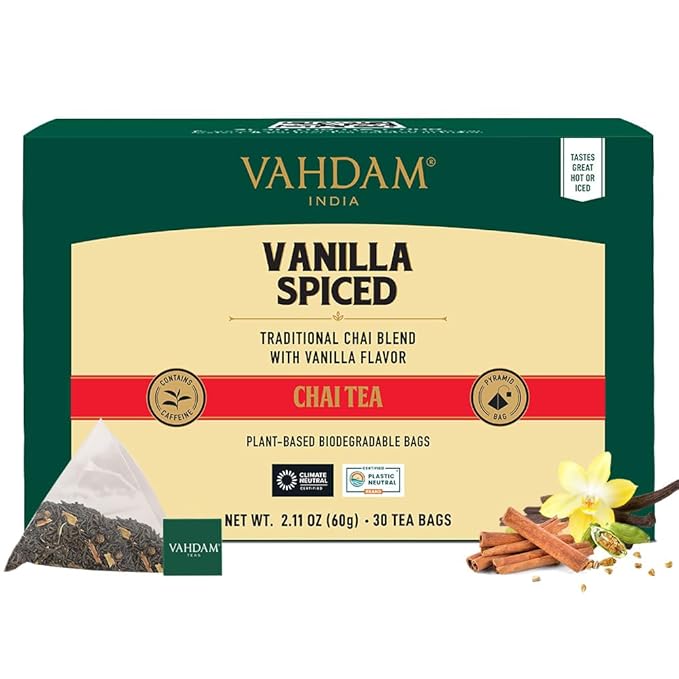 VAHDAM, Vanilla Chai Tea Bags (30 Count) High Caffeine, Non GMO, Gluten Free | Individually Wrapped, Full-bodied & Malty | No Artificial Flavor | Blended w/Vanilla, Cappuccino & Exotic Spices