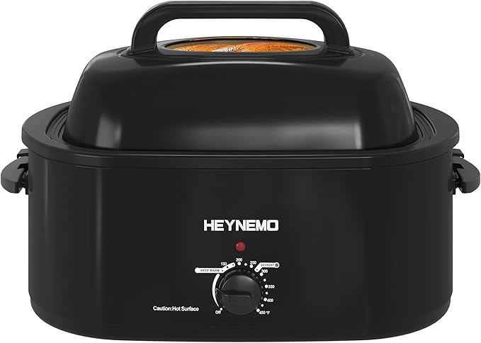28 Quart Electric Roaster Oven with Visible & Self-Basting Lid, Large Turkey Roaster with Defrost Warm Function, Adjustable Temperature, Removable Pan Rack, Stainless Steel, Black