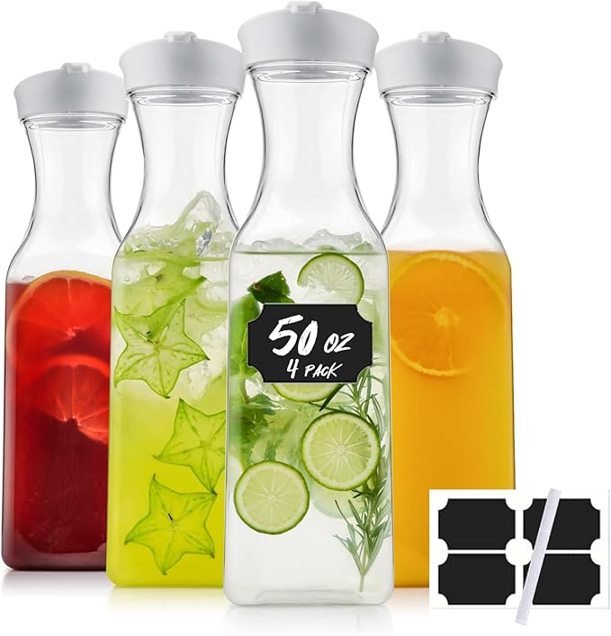 50 Oz Water Carafe with Lids, Square Plastic Pitcher for Mimosa Bar, Drinks, Milk, Iced Tea, Juice Container for Fridge, BPA-Free, NOT DISHWASHER SAFE (4 Pack)