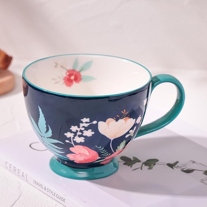 Autumn Handmade Large Ceramic Coffee Mug (20oz) Cute Cereal Vintage Flower Mugs Cozy Fall Gift Cup for Breakfast Oatmeal Tea & Hot Drinks with Floral Design
