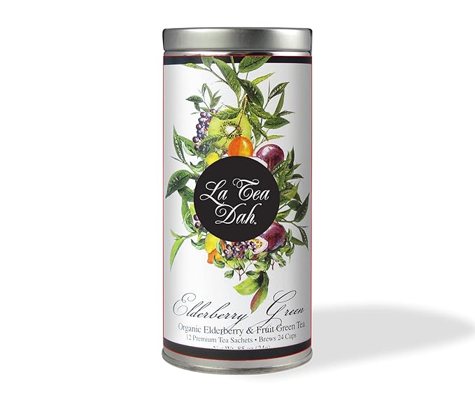 Elderberry Green Tea by La Tea Dah, Elderberry Tea Made with Organic Green Tea Leaves, Mango, Kiwi, and Passionfruit, Lightly Caffeinated Fruit Tea, Floral Tea Gift Collection (12 Sachets)