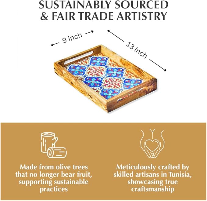 Kamsah Olive Wood Serving Tray with Handles (L:13”, W:9”) Decorative Rectangle Serving Trays for Serving Food, Drinks, Tea, Coffee - Rustic Vintage Wooden Serving Tray for Table & Gifts - Alhambra