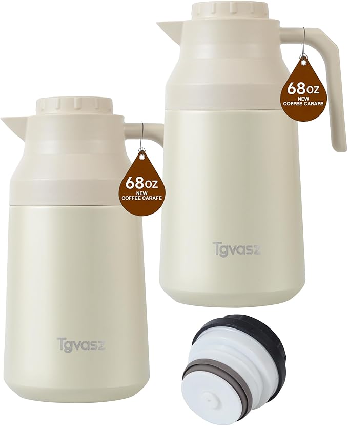 2 PCS Thermal Coffee Carafe Insulated Stainless Steel Coffee Carafe for Hot Liquid Vacuum Thermal Pot Creamer Pitcher Dispenser Keeping Hot Water Milk(White/Wthite 68 oz)