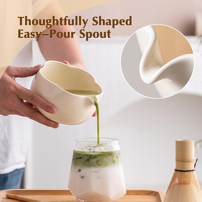 Matcha Set, 8Pcs Floral Ceramic Matcha Set with Matcha Whisk, Holder, Scoop, Scoop Rest, Sifter, Spoon and Tea Towel - Thoughtful Matcha Whisk Set Gift for Matcha Lovers (Beige)