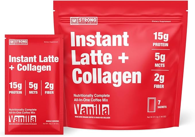 Strong Coffee Co. Instant Vanilla Latte Travel Pack | Organic Coffee with 15g Collagen Protein | Lion’s Mane & L-Theanine | Nootropic Instant Coffee | 7 Servings