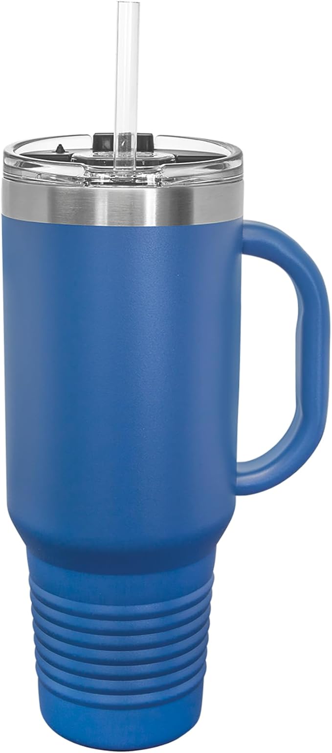 LaserGram 40oz Vacuum Insulated Travel Mug with Handle, Tiki Statue, Personalized Engraving Included (Dark Blue)