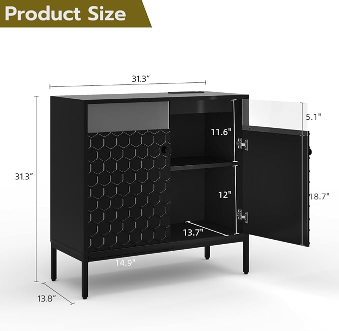 Sideboard Buffet Cabinet 31'' with Storage and Power Outlet, Modern Coffee Bar Accent Cabinet with 2 Doors and Adjustable Shelves, Console Table for Dining Room, Living Room, Kitchen, Black