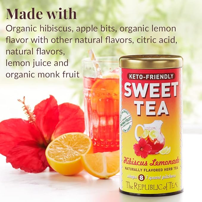 The Republic of Tea – Keto-Friendly Sweet Iced Hibiscus Lemonade Herbal Tea, 8 Large Quart-Sized Iced Tea Pouches, Naturally Caffeine-Free