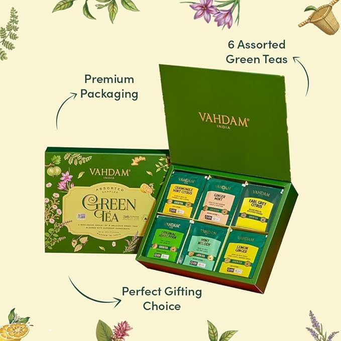 VAHDAM, Green Tea Variety Pack Sampler Assortment (36 Pyramid Tea Bags, 6 Flavor) | Non-GMO Project Verified Himalayan Green Tea with No Artificial Ingredients | Christmas Tea Gift Set
