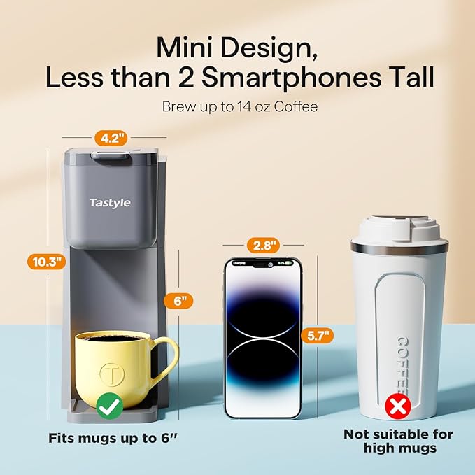 Mini Hot and Iced Coffee Maker Single Serve, for K Cup and Ground, 6 to 14 Oz Brew Sizes, with Recipe Book, for Home, Travel, RV, Office and Dorm, Elegant Gray