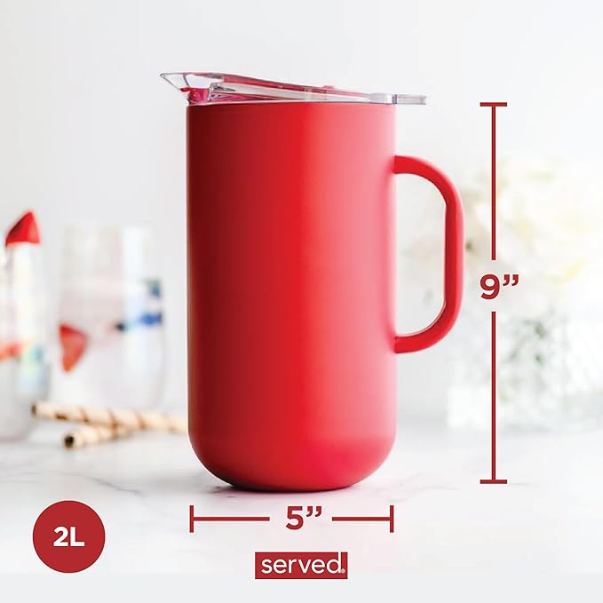 Served Premium Insulated Pitcher (2L/66oz) - Double Walled, Copper Lined Stainless Steel Pitcher with Lid - Vacuum Insulated Carafe for Hot Coffee, Tea, Iced Drinks, Water, Cocktails, and More