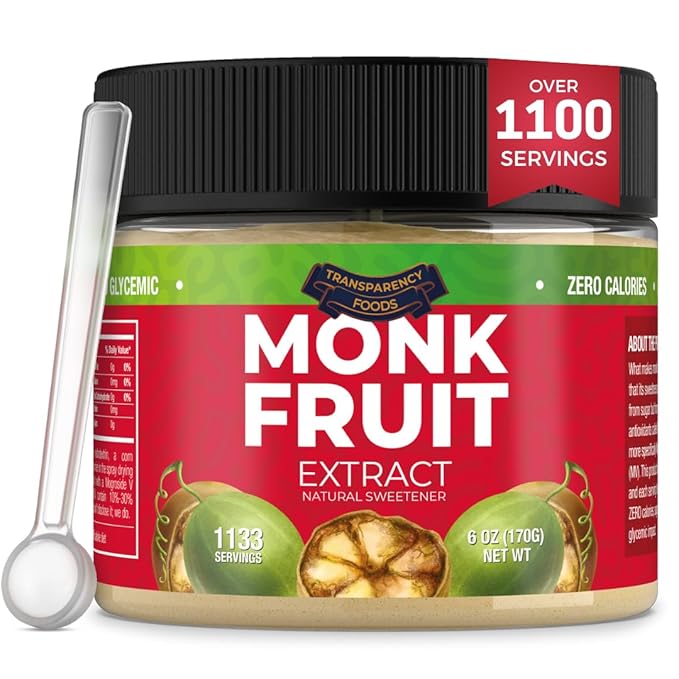 Monk Fruit Sweetener No Erythritol (25X Sweeter Than Sugar) Zero Calories, Zero Glycemic, Non-GMO, No Fillers - Monk Fruit Extract (7% Mogroside V) by Transparency Foods (6oz, 1133 servings)