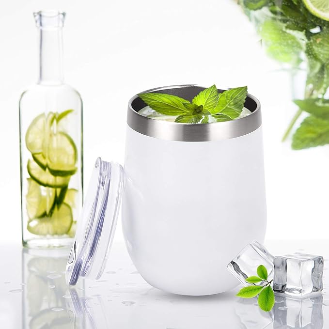 Lifecapido 4 Pack 12Oz Stainless Steel Stemless Wine Glasses, Insulated Wine Tumbler, Stainless Steel Wine Tumbler Cups with Lids and Straws for Coffee, Cocktails, Wine, Champaign, White