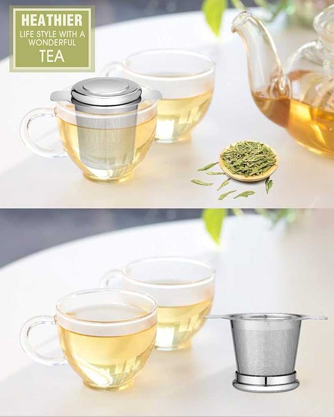 LHS Loose Leaf Tea Infuser, Tea Filter, Stainless Steel Infuser Basket, Extra Fine Mesh Tea Strainer for Loose Tea, Perfect Size Double Handles, Tea Infuser with Lid Fits Most Tea Pots, Mugs, Cups