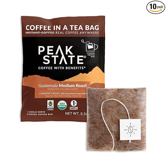 Peak State Coffee with Benefits, Medium Roast – Mushroom Coffee, Low Acid & Smooth, Dark Chocolate & Sweet Grape, Organic Whole Bean, Gluten Free, 10 Single Serve Brew Bags