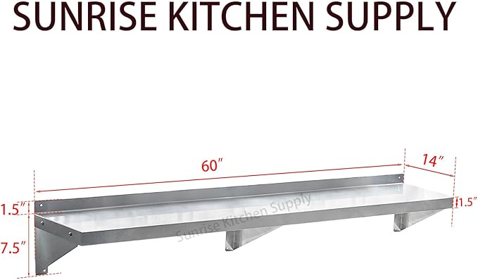 SUNRISE Commercial 430 Stainless Steel Kitchen Wall Shelf, NSF Certificated, Wall Mounted, Solid Shelving for Restaurants, Bars & Hotels (14" x 60")