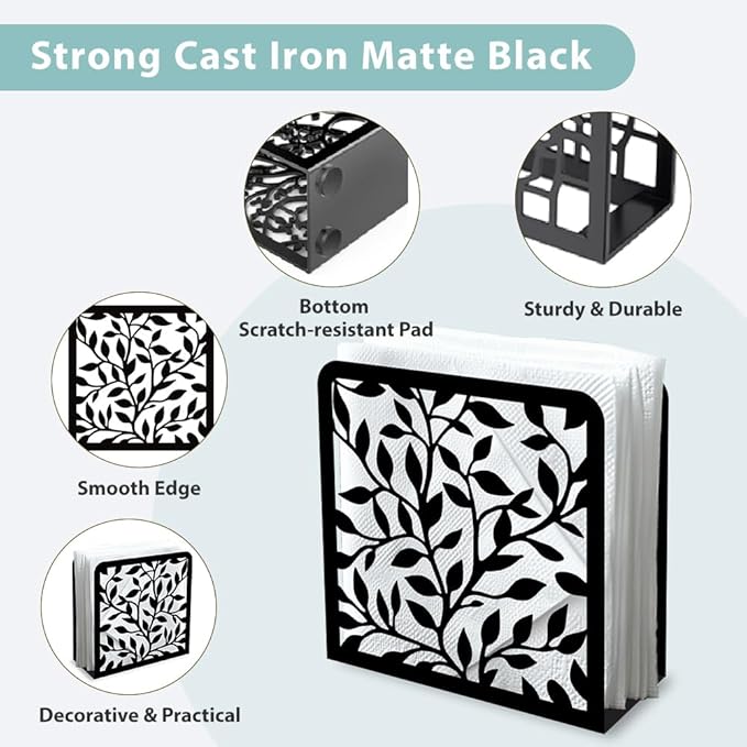 Leaves and Branch Decorative Black Metal Napkin Holder for Table, 4.9" x 4.9" x 1.9" Standing Napkin Holder for Home Kitchen Restaurant Picnic Party Coffee Bar Dining Room