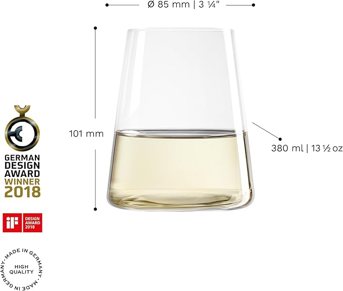 Stölzle Lausitz White Wine Tumblers Power 4-Piece Set, 13 1/2 oz – Modern Stemless Crystal Wine Glasses for Maximum Aroma – Durable & Dishwasher Safe, Made in Germany