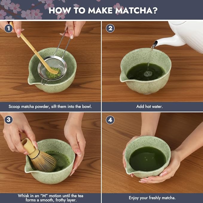 Matcha Whisk Set, 6 PCS Matcha Set-Ceramic Bowl, Whisk and Holder, Scoop, Spoon & Sifter, Complete Tea Ceremony Kit Set, Gift Box for Matcha Lovers, Birthday (Mottled Tea Green)
