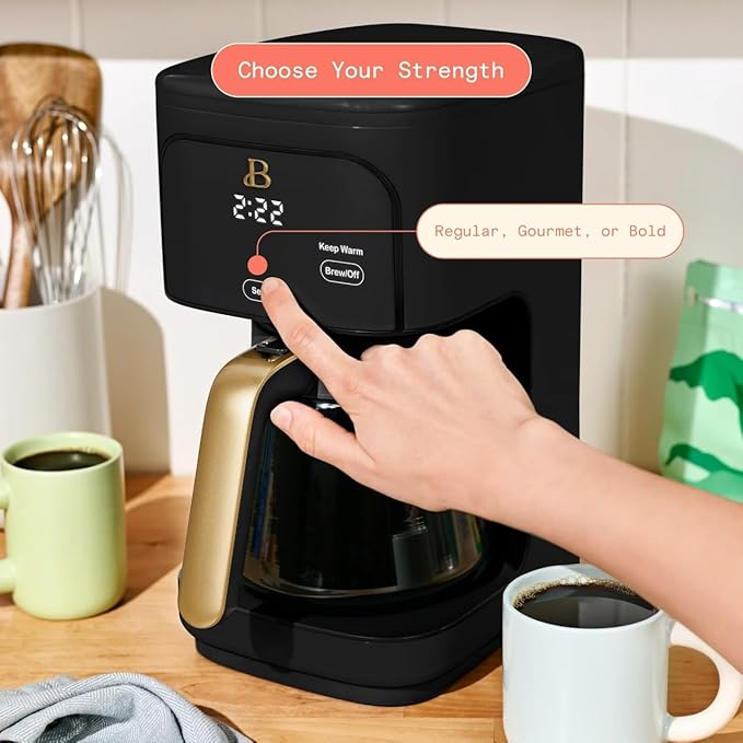 Beautiful 12 Cup Programmable Coffee Maker, Drip Coffee Machine with Glass Carafe, Automatic Brew Strength Control, Espresso Maker Function, Compact Espresso Machine (Black Sesame)