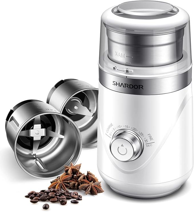 SHARDOR Electric Super Silent Blade Coffee Grinder, Timed Grind Control Rotary Knob, Adjustable Coarse to Fine for Coffee Beans, Spices & Herbs, with 2 Removable Stainless Steel Bowl, White