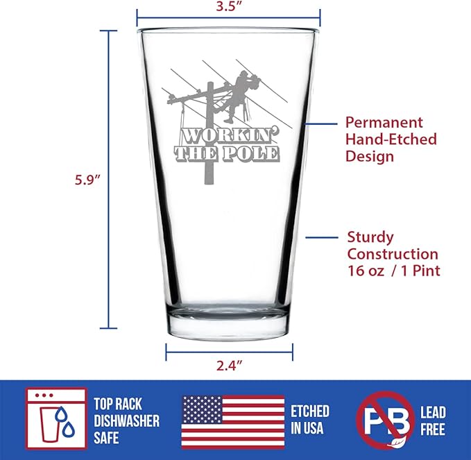 Bevvee Workin' the Pole - Lineman Electrician Pint Glass - Funny Electrician Gifts for Electricians - 16 Oz Pint Glasses