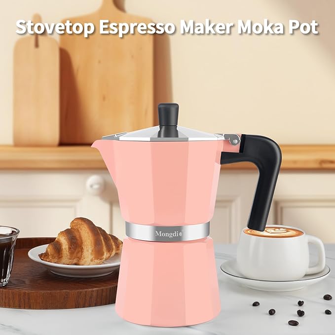 Mongdio Stovetop Espresso Maker Moka Pot, Stove Top Cuban Coffee Maker, Italian Greca Mocha Pot, 6 Espresso Cups, 10 oz - Pink