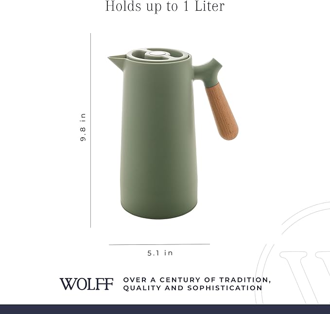 WOLFF - Thermal Coffee Carafe - Hot or Cold Drinks, Double Walled Insulated Vacuum Flask - Leakproof Coffee Dispenser with Wooden Handle, Thermal Bottle for Cold Beverages - Green, 34floz/1L