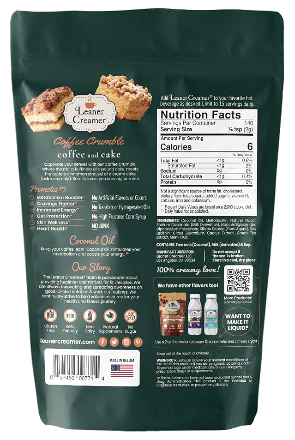 Leaner Creamer Coconut Creamer with Superfood Ingredients – Non-Dairy, Sugar-Free, Keto, Gluten-Free Powdered Coffee Creamer – Coffee Crumble – 280g