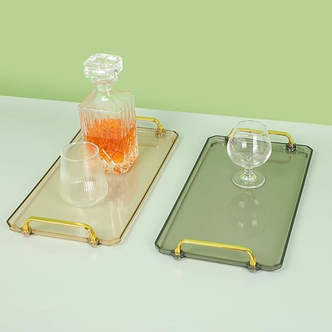 Acrylic Serving Tray with Handles, 16x9 Inch Ottoman Tray, Spill-Proof Coffee Table Tray for Couch, Bedroom & Countertop Decor (Green)