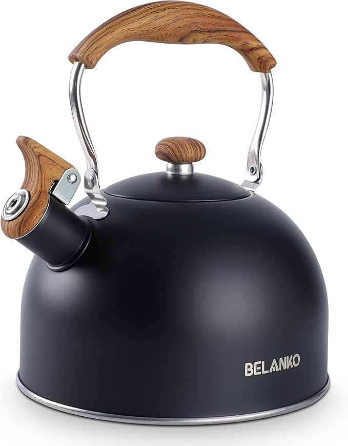 Tea Kettle, BELANKO 85 OZ / 2.5 Liter Whistling Tea Kettle, Tea Pots for Stove Top Food Grade Stainless Steel with Wood Pattern Folding Handle, Loud Whistle Kettle for Tea, Coffee, Milk - Black