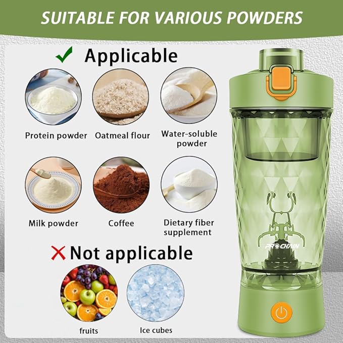 PROCHAIN Electric Protein Shaker Bottle, USB Rechargeable Mixing Cup, Water Drink Mixer Portable Bottles for Gym Sport, BPA-Free Tritan, 22oz (Light Green)