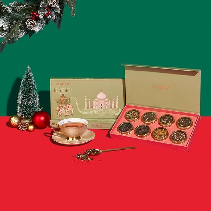 VAHDAM, Weekend in Taj Mahal Christmas Tea Gift Set - 8 Loose Teas | Tin Caddy Travel Edition Gift Box | Christmas 2025 Gift Ideas for Women & Men | Gluten Free, Non GMO