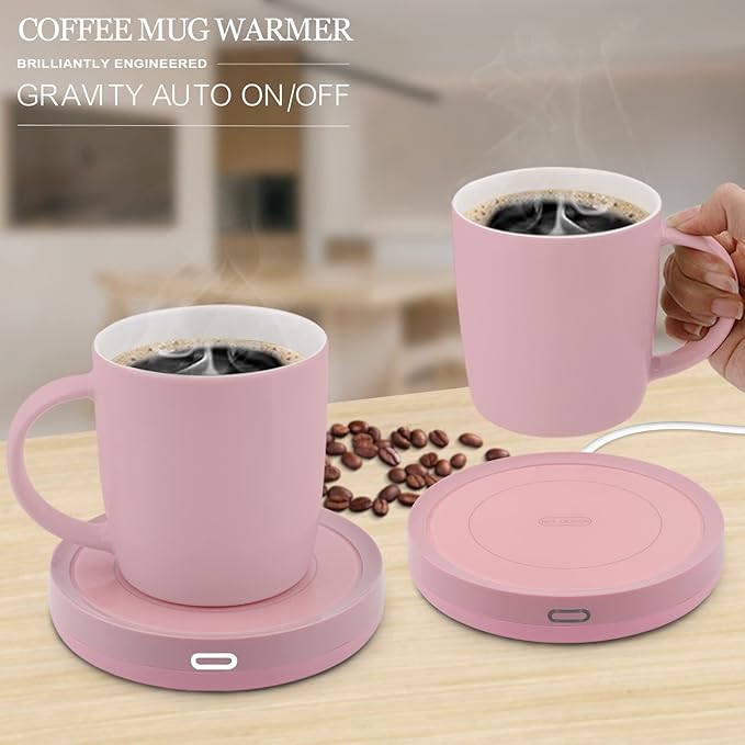 BESTINNKITS Smart Coffee Set Auto On/Off Gravity-induction Mug Office Desk Use, Candle Wax Cup Warmer Heating Plate (Up To 131F/55C), 14oz (Pink Set)