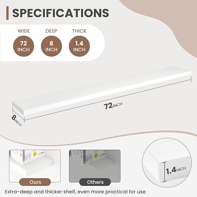 72 Inch Floating Shelves, 8 Inch Deep Floating Shelves for Wall, Hanging Shelf with Invisible Brackets, Deep Shelves for Bathroom, Bedroom, Living Room, White, Set of 1