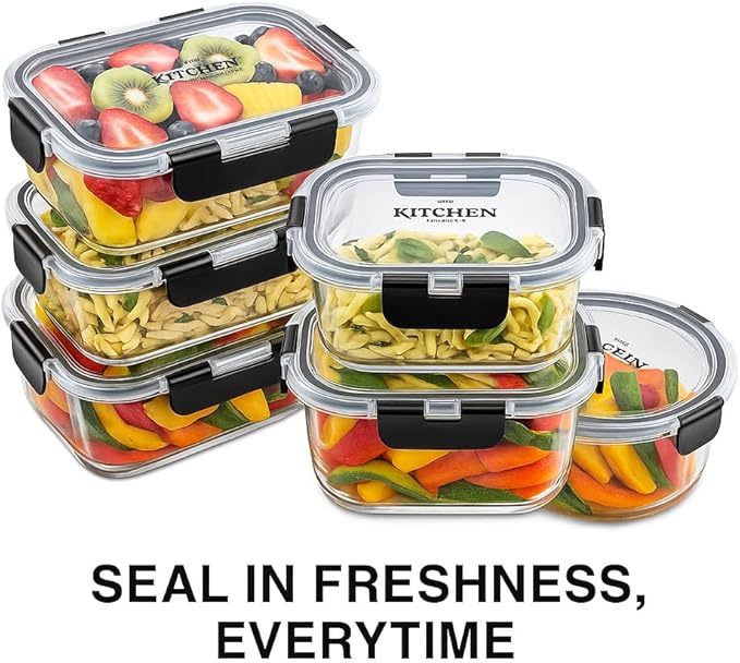 KITCHEN SHOPPE 24pc Borosilicate Glass Storage Containers with Airtight Lids | Heavy Duty, Non-Toxic Food Storage Containers for Pantry, Meal Prep, Lunch or Leftovers | Freezer/Oven/Microwave Safe
